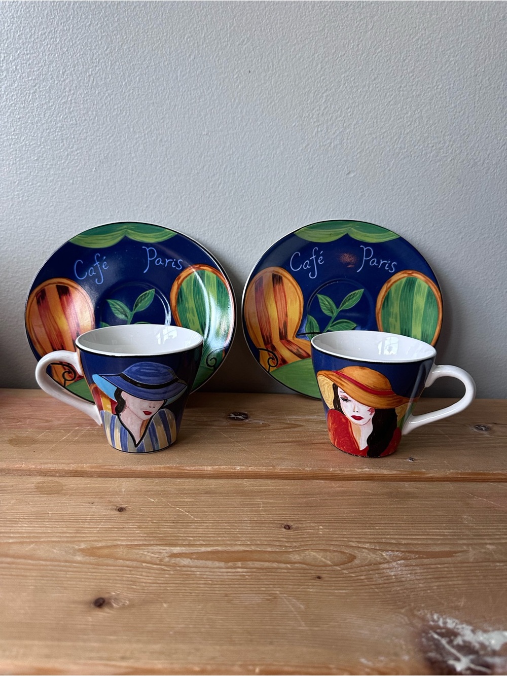 Sango 1994 Cafe Paris 2 Flat Cups & Oval Saucer Sets